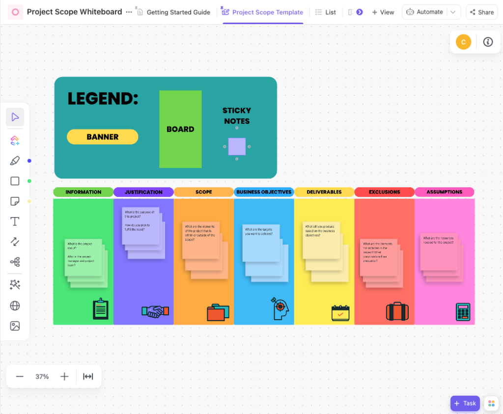 ClickUp project scope whiteboard template with colorful sticky notes arranged under categories such as scope, business objectives, deliverables, and exclusions.