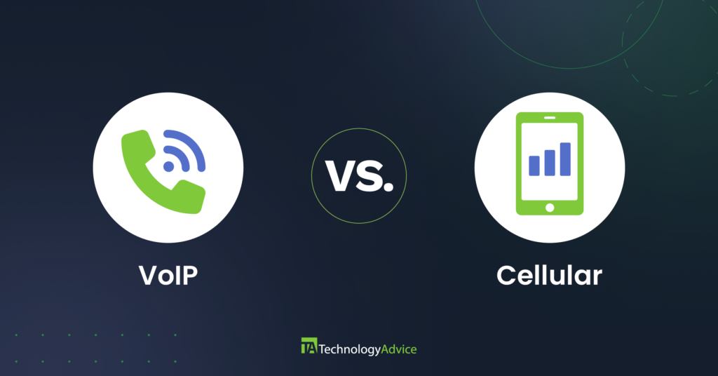 Lime green telephone icons over VoIP vs Cellular text in white on a dark blue background.