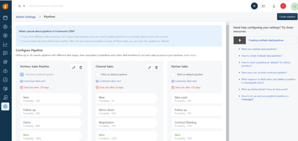 Freshsales multiple pipelines fully visualize sales process.