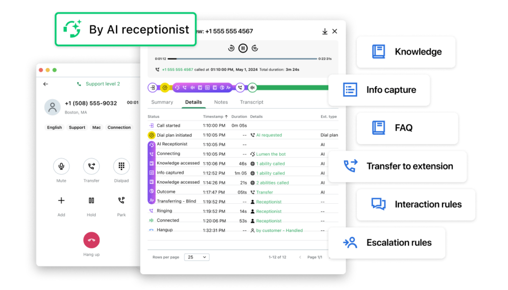 GoTo Connect AI receptionist providing customer support through a dial plan and call handling rules.