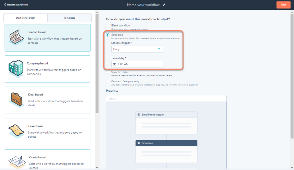 HubSpot Operations Hub schedule workflow triggers.