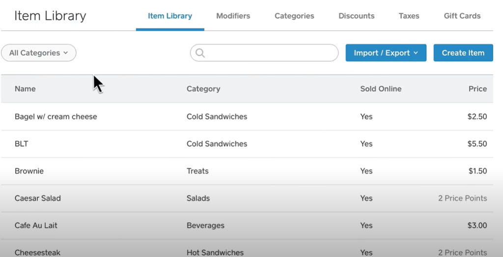 Item library on the Square dashboard.