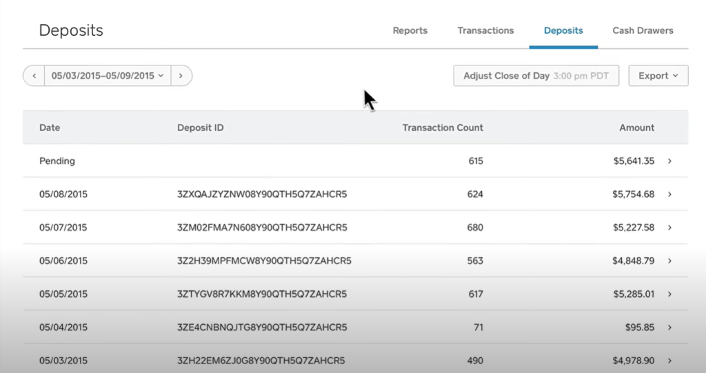 Sales deposits view on the Square dashboard.