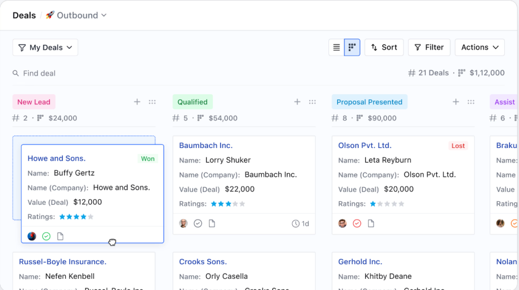 Salesmate deals view to manage sales pipelines.