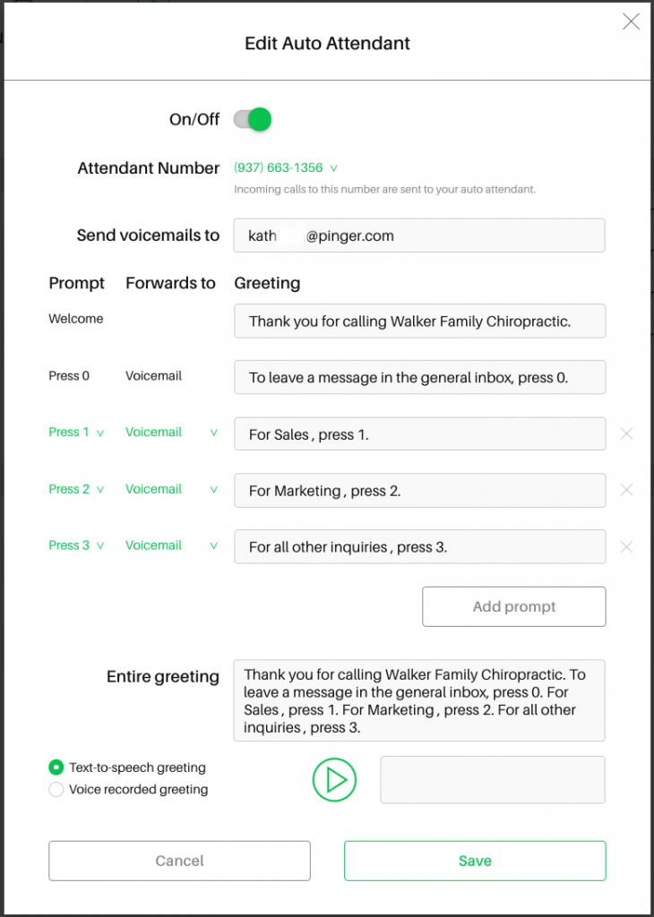 Sideline app editing options for auto-attendant.