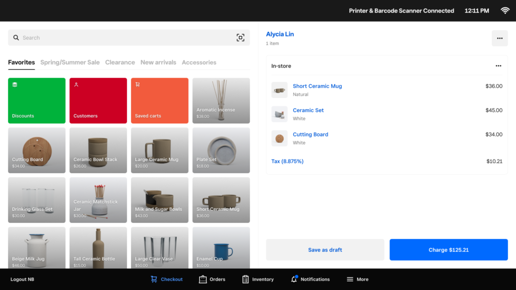 Square POS checkout interface.