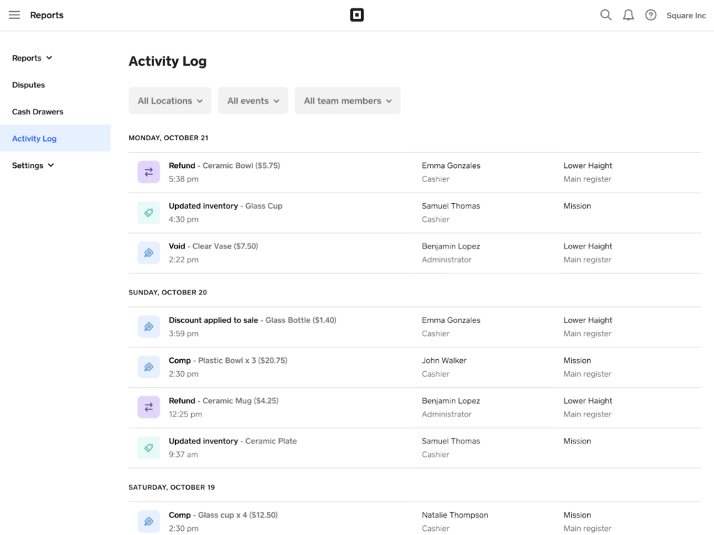 Square activity log.