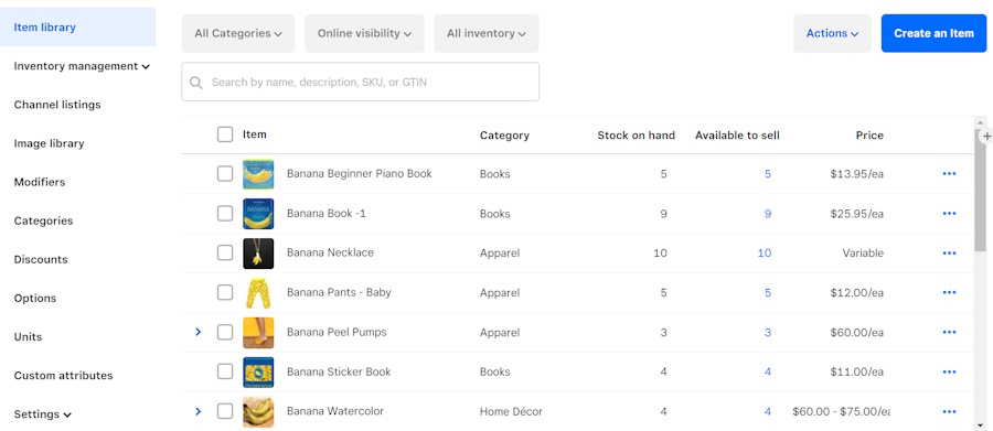 Square inventory management feature.