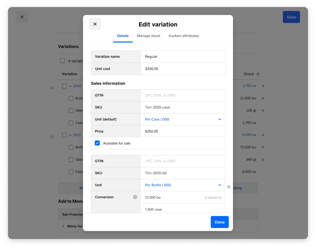 Square new inventor item details page for product variant.