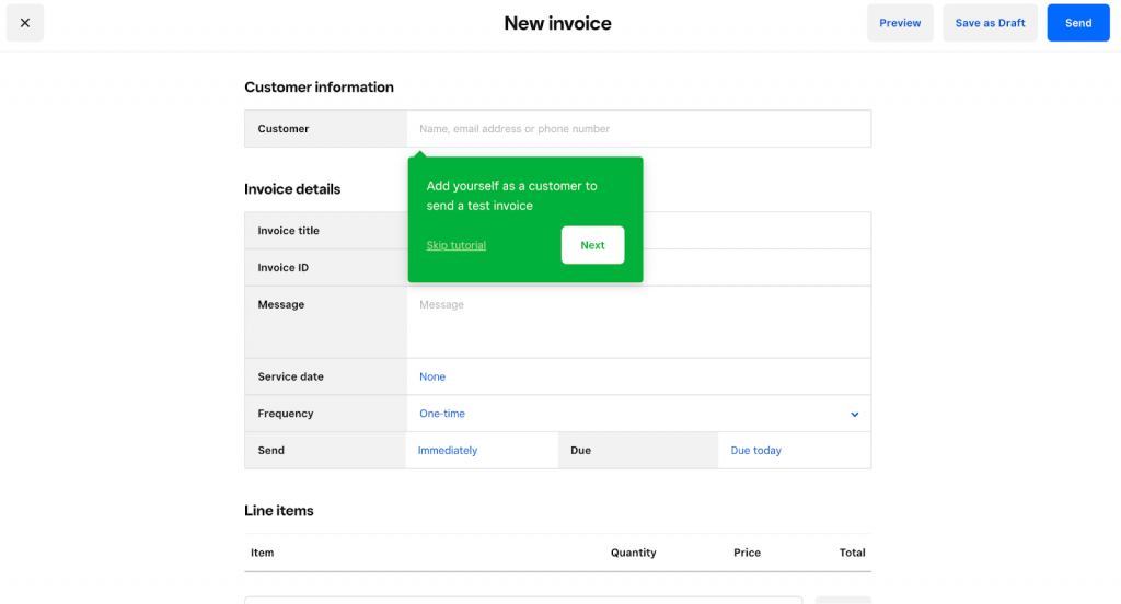 Square's invoice design page on the merchant platform.