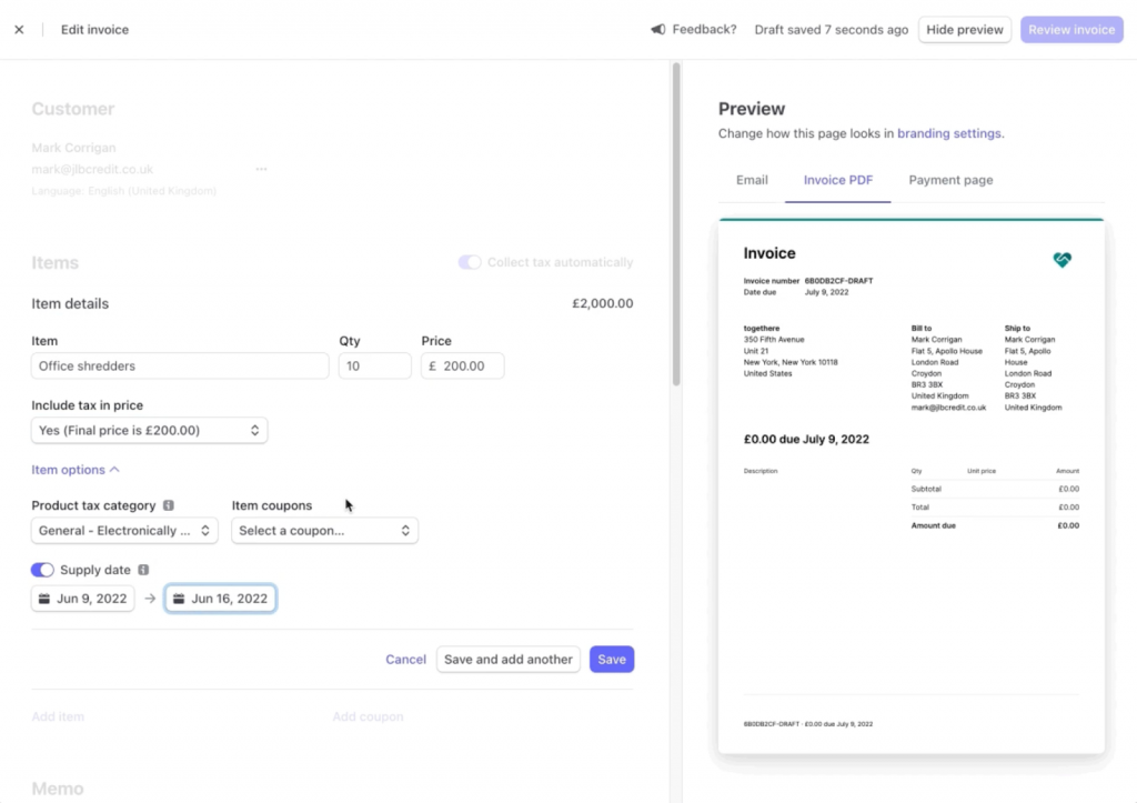 Stripe's sample invoice design page.