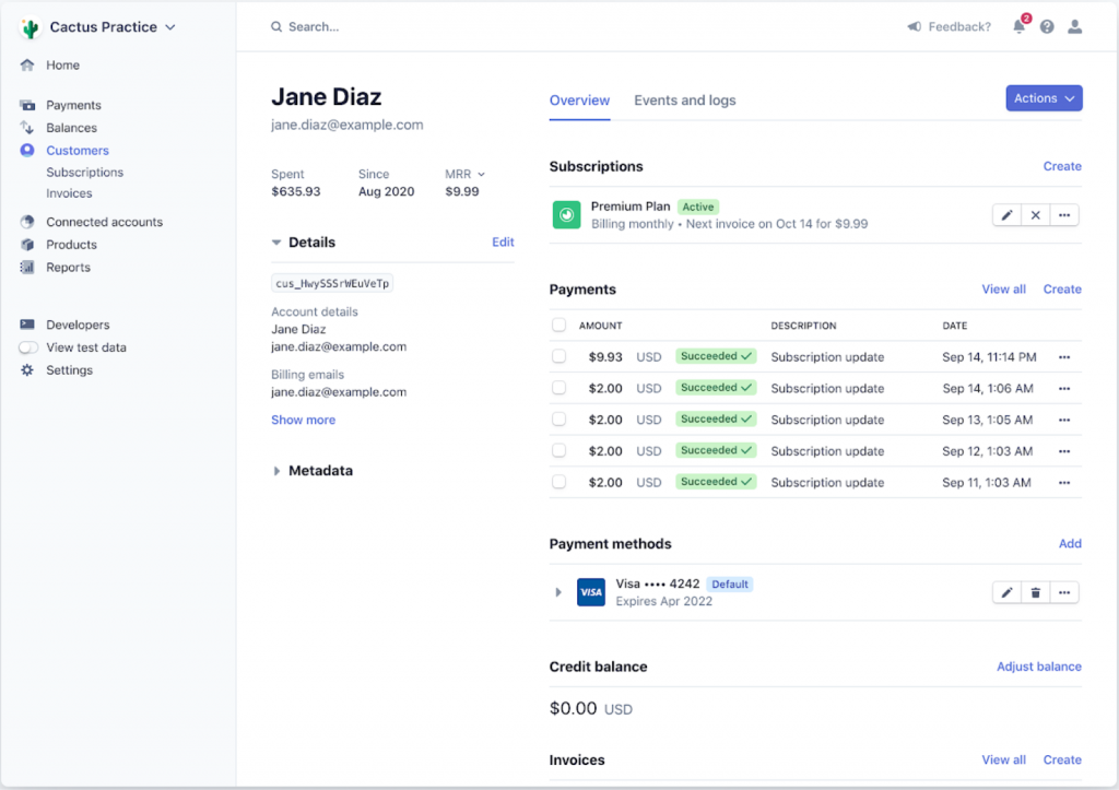 Stripe's sample customer profile page with test info and transactions.