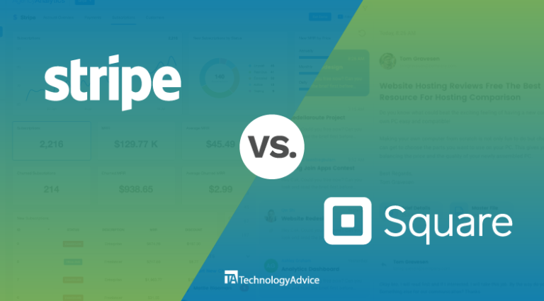 Stripe vs Square POS logos on a green and blue gradient background.