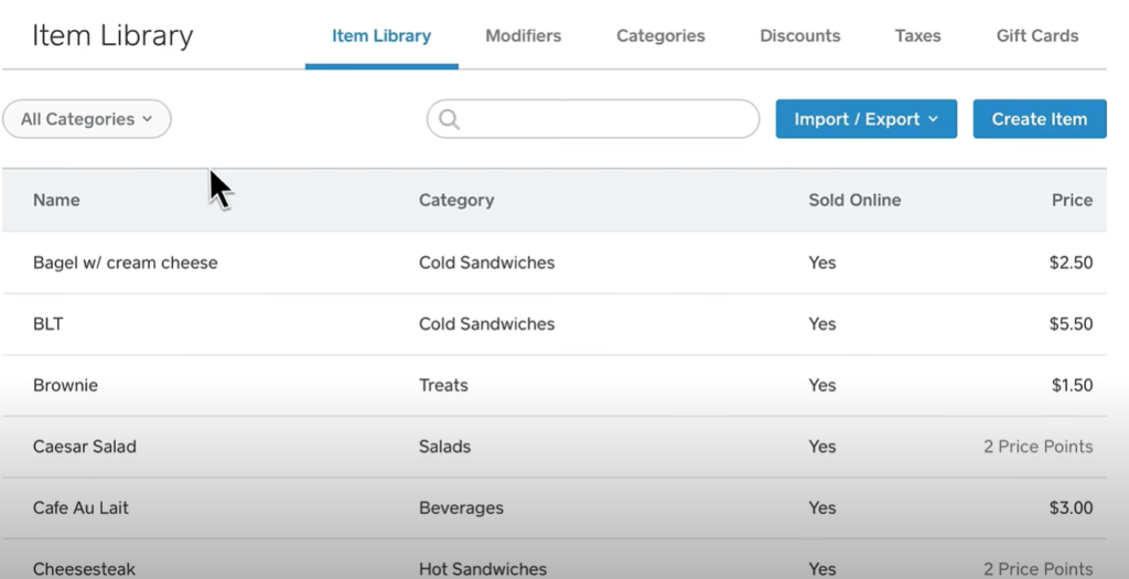 Item library on the Square Dashboard