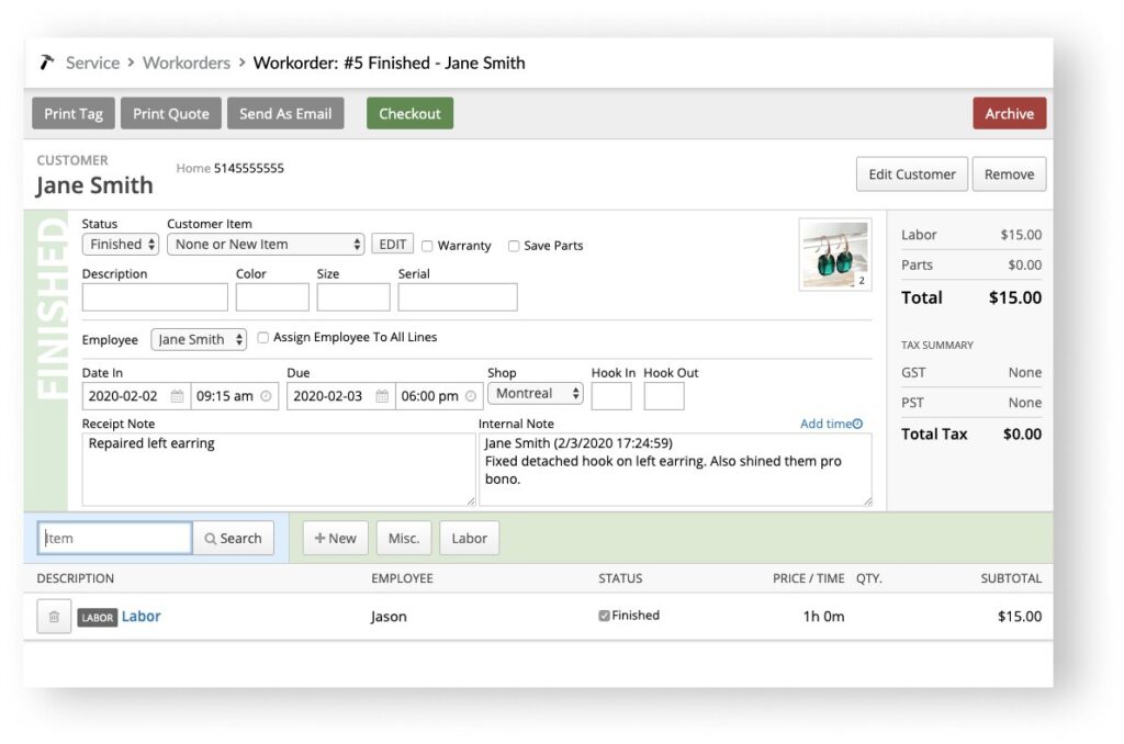 A work order for an earring repair on Lightspeed desktop featuring due dates, notes, and labor tracking.