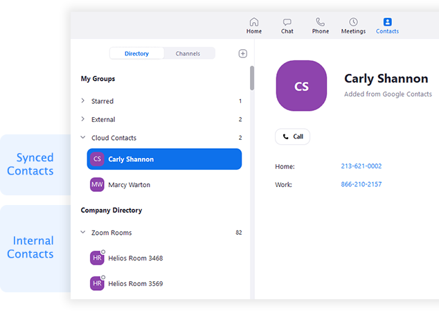 Zoom desktop app featuring synced and internal contact lists for employees.