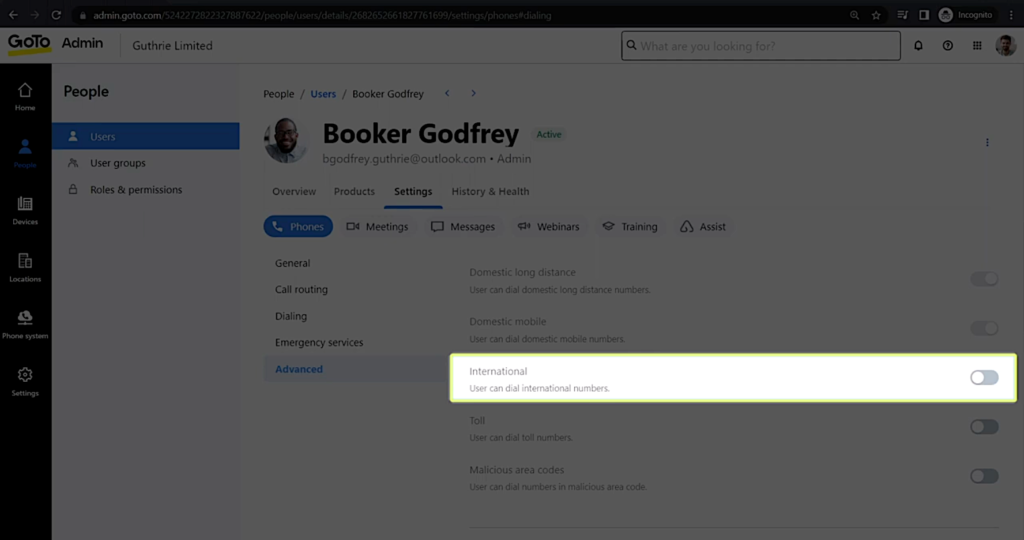 GoTo Connect interface showing the advanced user settings and a box highlighting the option to dial international numbers