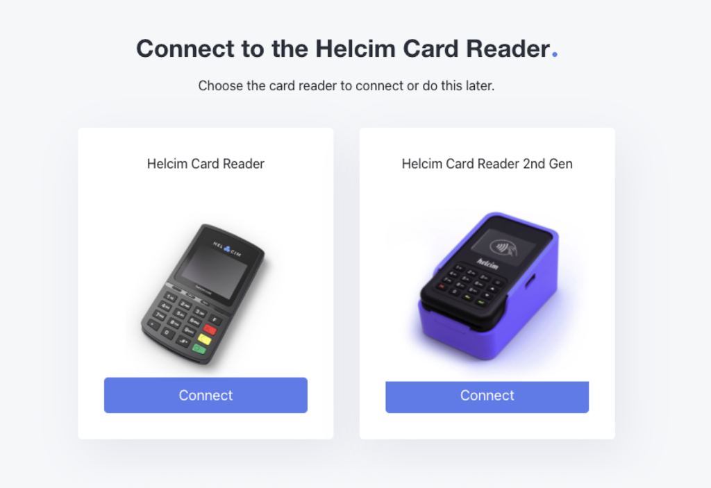 Helcim merchant account showing 2 mobile credit card reader options with "Connect" button under each.