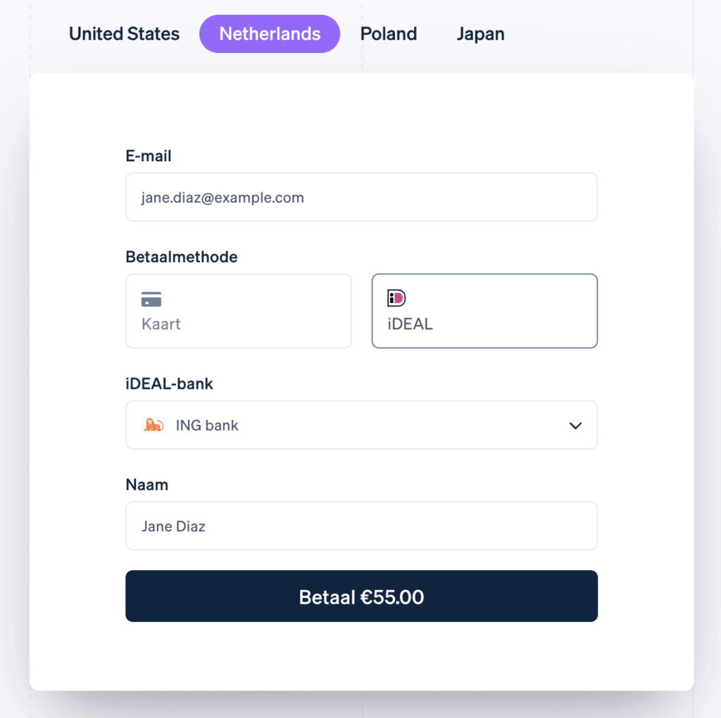 Stripe sample website checkout in Dutch