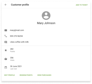 Loyvers customer profile for Mary Johnson with contact info and loyalty points