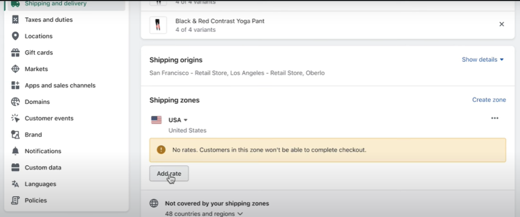 Shopify shipping and delivery settings page