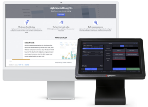 Lightspeed POS software displayed on iMac, iPad, Apple Smartphone, and Apple Tap to pay