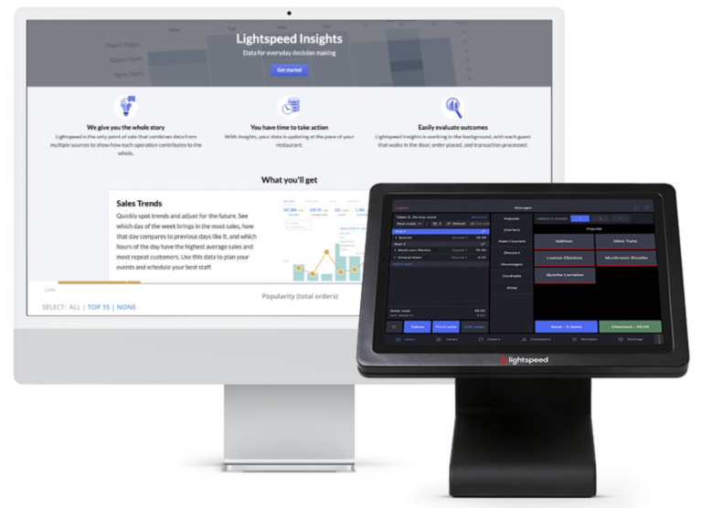 Lightspeed POS software displayed on iMac, iPad, Apple Smartphone, and Apple Tap to pay