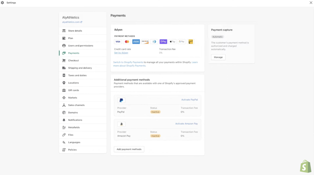 Shopify's payment set up page displaying third party payment processor options.