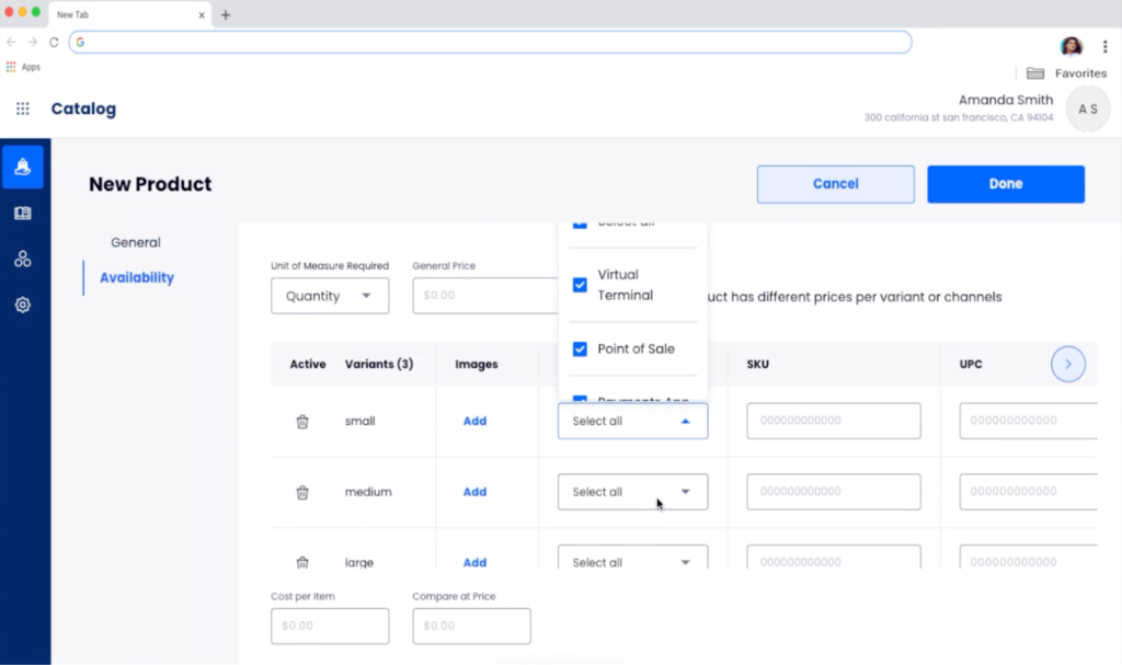 SpotOn product dashboard showing new product set up with multichannel options