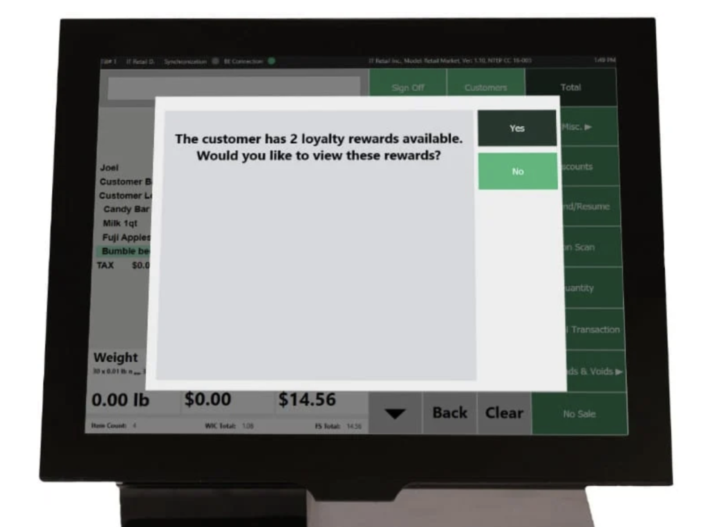 IT Retail POS software displaying sample loyalty rewards at checkout