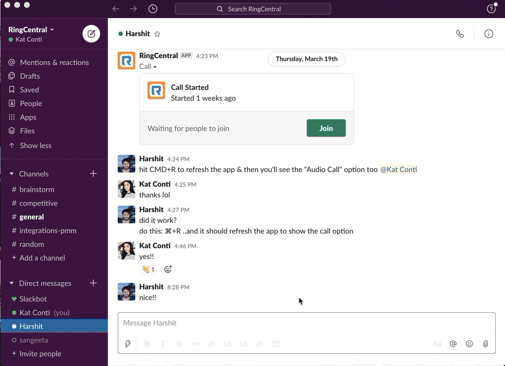 A GIF showing a user clicking the phone icon from the Slack chat window, selecting the "RingCentral" option, and joining a video meeting