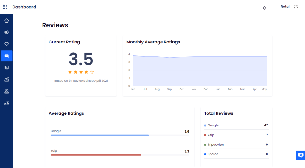 SpotOn’s review dashboard lets you see online reviews across major review sites.