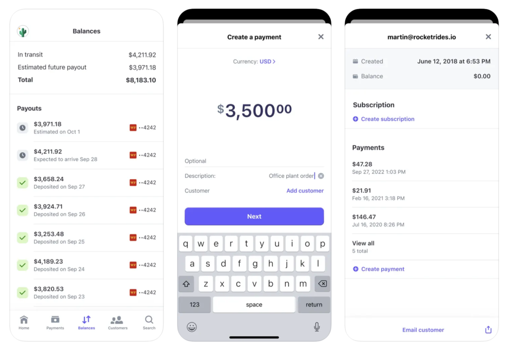 Stripe payment app for iOS with sample transaction list and checkout displayed.