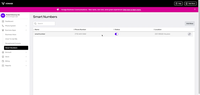 Vonage interface showing the registered "Smart Numbers"