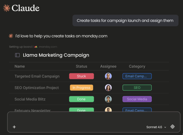 Claude creating and assigning marketing campaign tasks on a monday.com board from a user prompt.