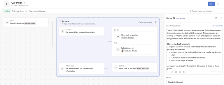 Asana AI Studio workflow checking incoming requests for required information and routing tasks based on the AI assessment.