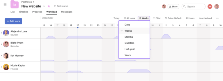Asana Workload view showing team capacity across a project portfolio with timeframe options for days, weeks, months, quarters, half-years, and years.
