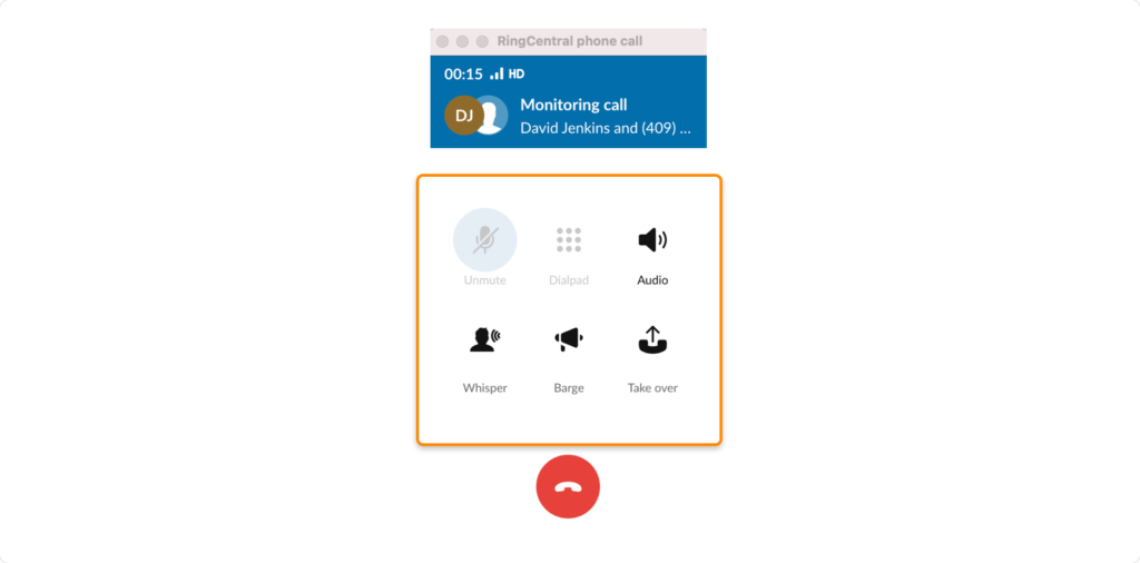 A live RingCentral call with an orange box highlighting the call handling tools for audio, whisper, barge, and takeover.