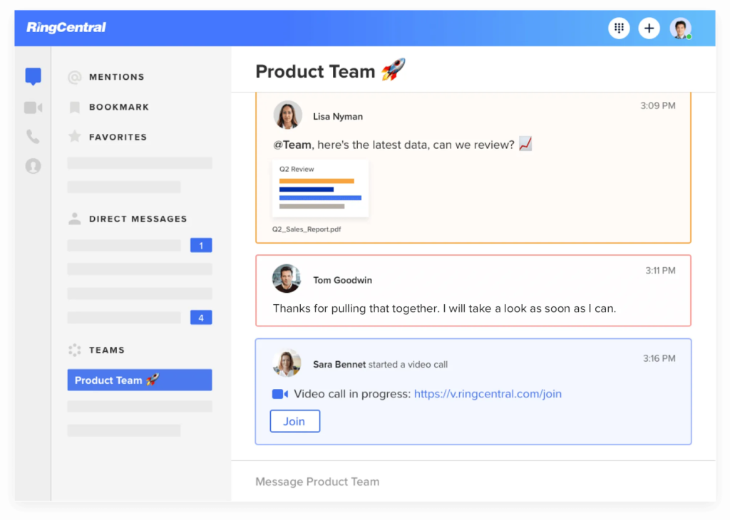 RingCentral team messaging interface showing a chat thread of the "Product Team".