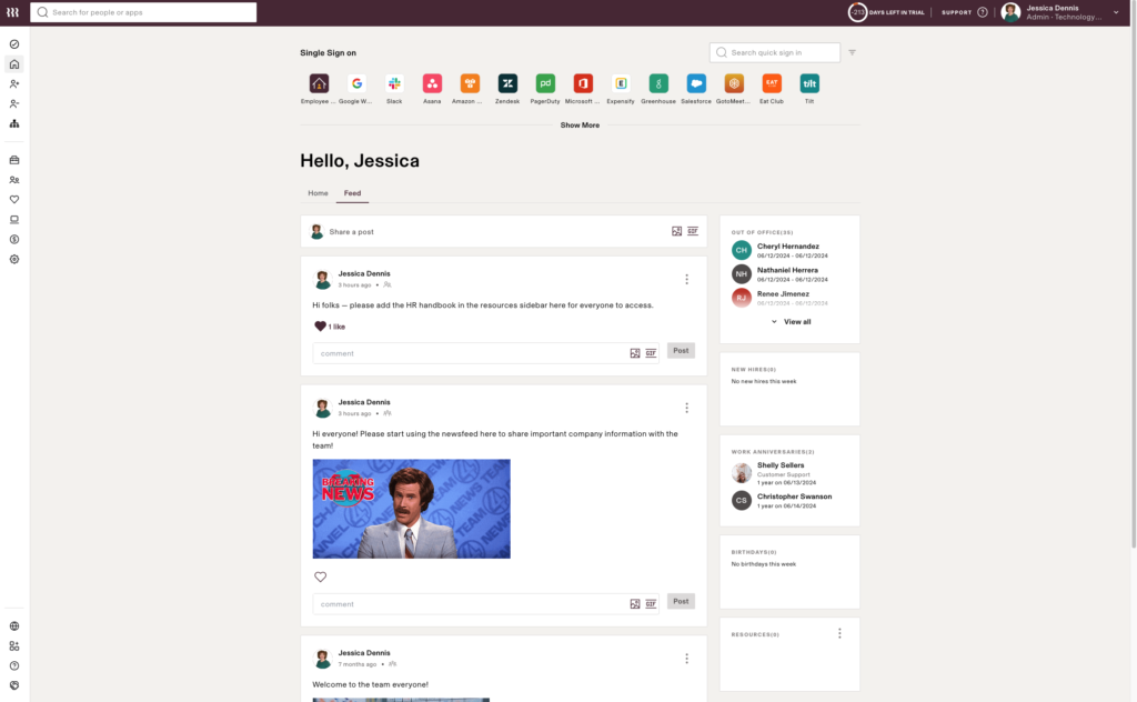 Rippling displays the Feed tab on its homepage with company posts in the middle plus widgets showing who is out of office, employee birthdays, new hires, and staff work anniversaries on the right.