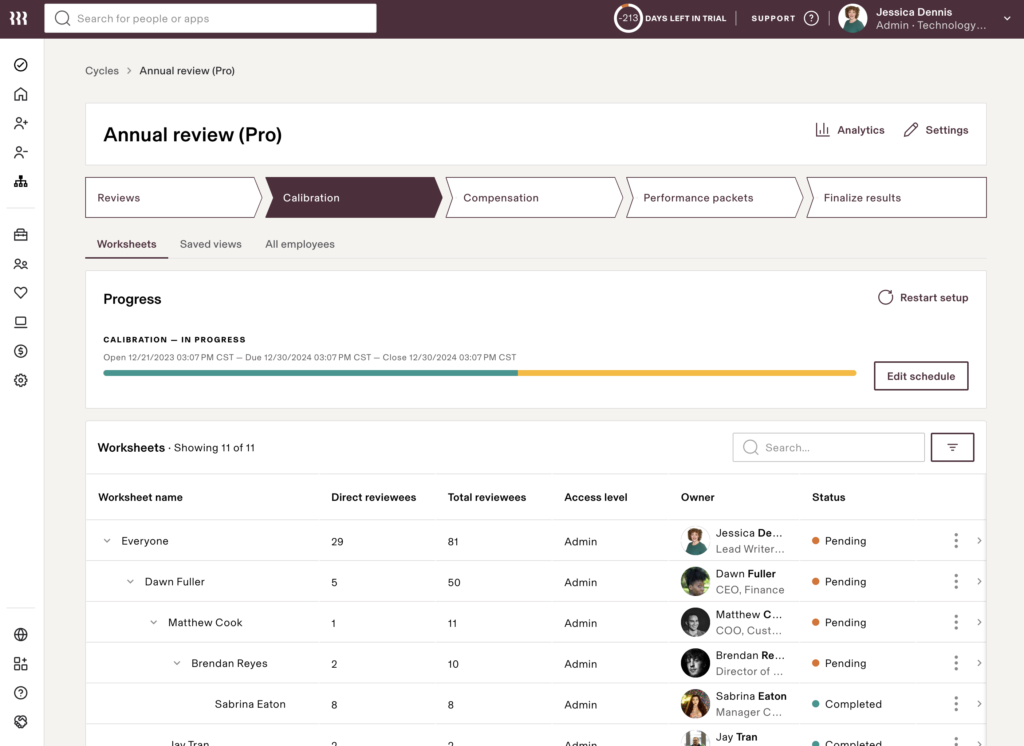 Rippling displays an annual review dashboard with tabs for reviews, calibration, compensation, performance packets, compensation packets, and finalize results, plus a calibration progress bar, and a list of calibration worksheets for various managers.