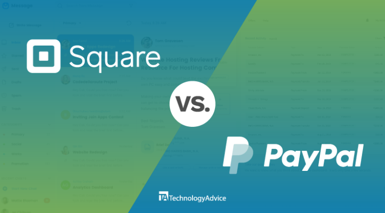 Square vs PayPal custom graphic on blue and green background.