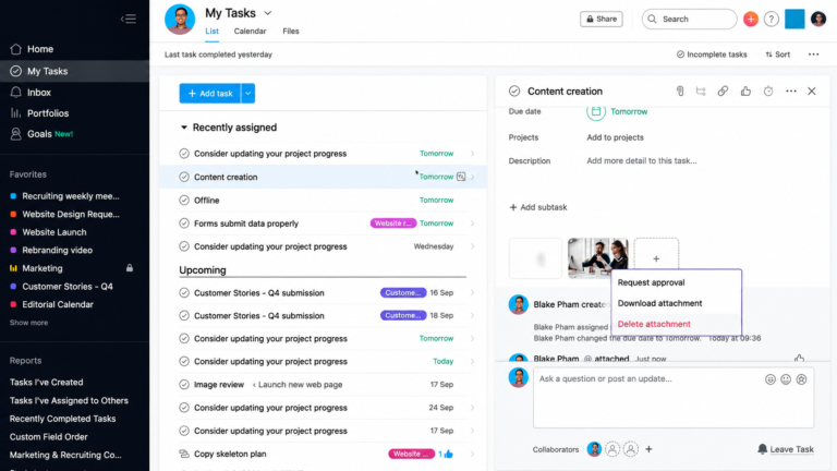 Asana My Tasks view showing assigned and upcoming tasks with due dates, project labels, subtasks, attachments, and approval options.