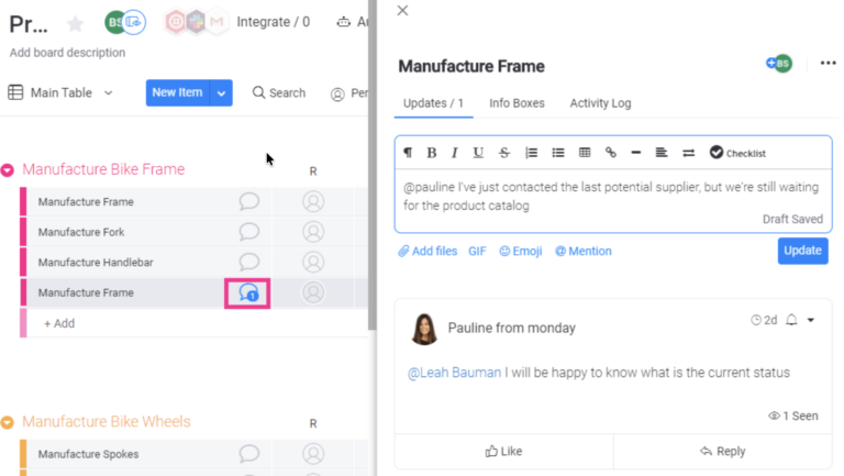 monday.com item Updates section showing a task discussion with @mentions, replies, file attachments, and activity tracking.