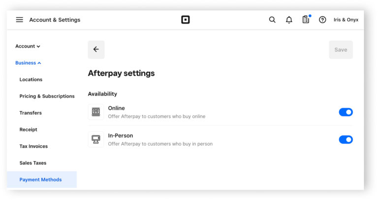 Square Afterpay integration settings page