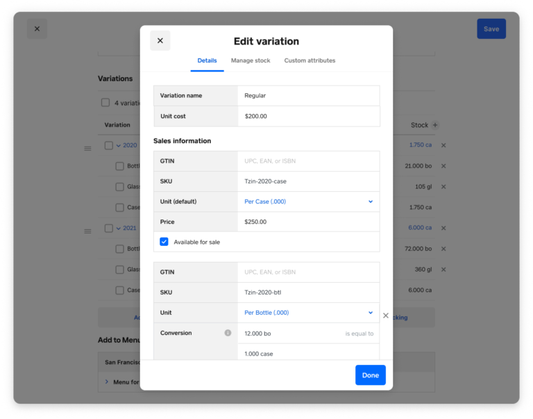 Add product details, including product variants, for each piece of your Square inventory. (Source: Square)