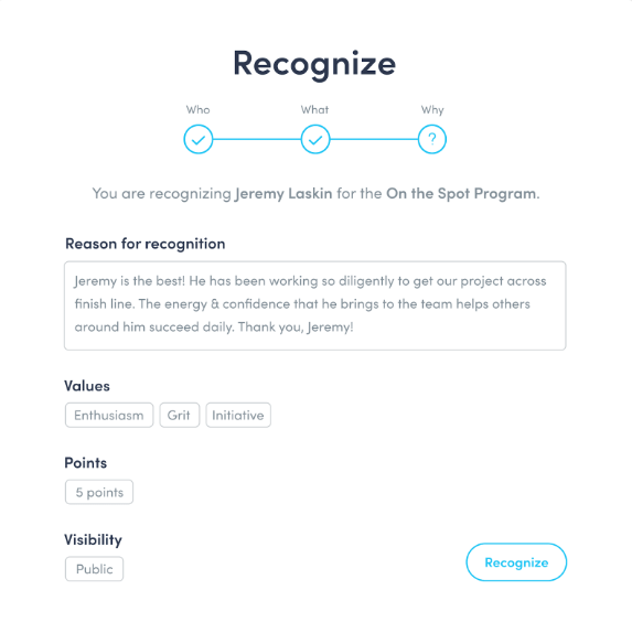 A screenshot of the rewards and recognition platform Awardco’s On the Spot Program shows how employees can express praise and gratitude to each other at work.