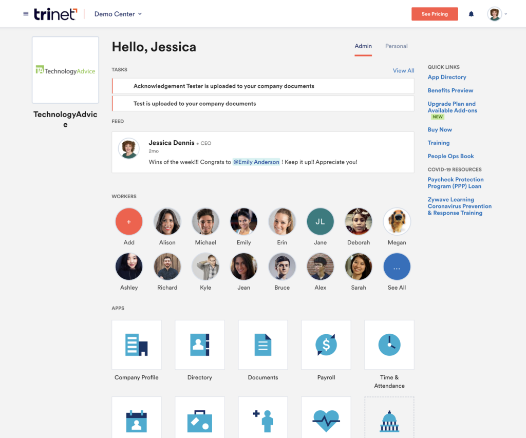 TriNet HR Platform displays a homepage with a list of employee tasks, pictures of active employees, and buttons to access apps like the directory, documents, payroll, and time and attendance.