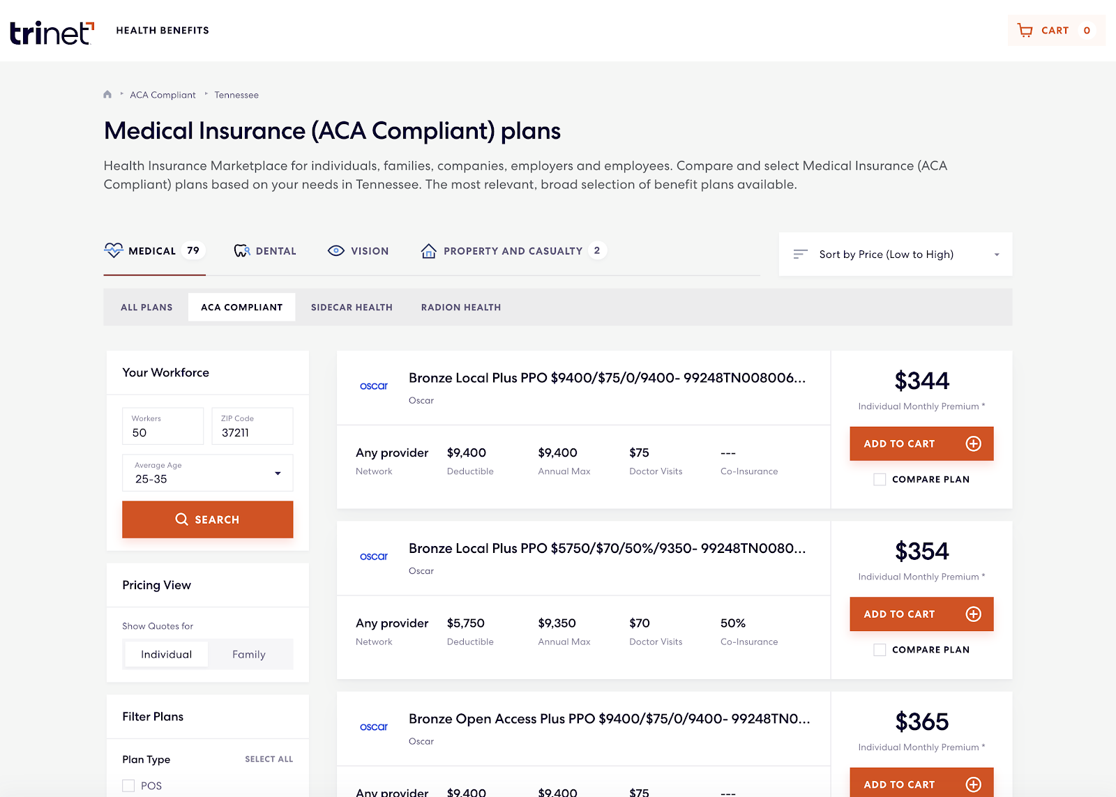 TriNet’s Health Insurance Marketplace displays a dashboard with a list of ACA-compliant medical insurance plans with filters, like the number of workers, zip code, and employee average age filters, on the right to refine your search.