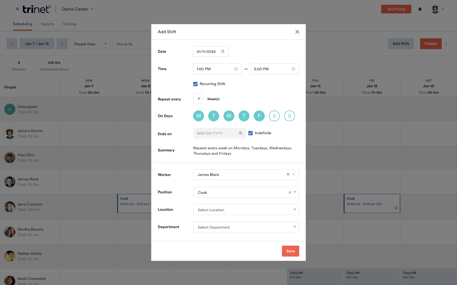 TriNet HR Platform displays its weekly schedule calendar with a pop-up window for adding a shift, plus fields to configure date, time, recurring shift days, and worker assignment.